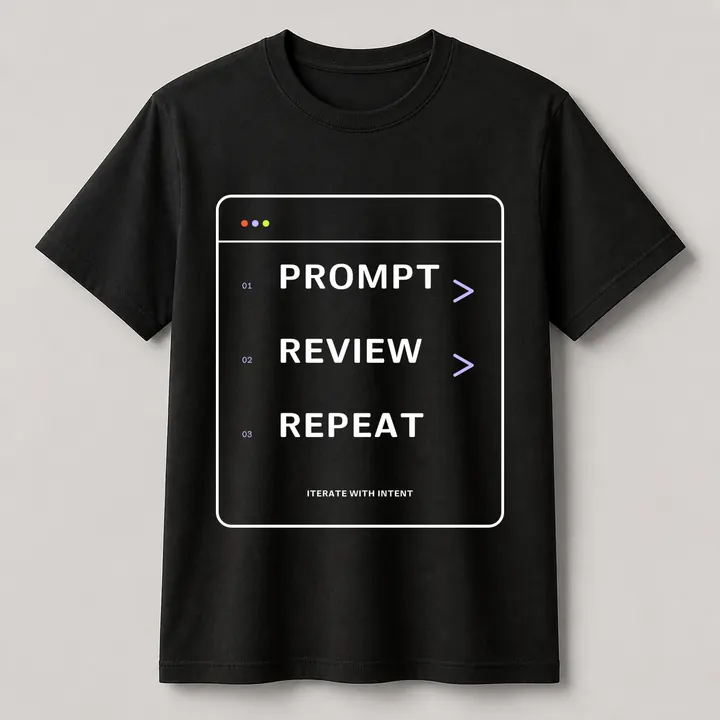 Schwarzes Creator-2.0-T-Shirt mit dem Motiv PROMPT. REVIEW. REPEAT.