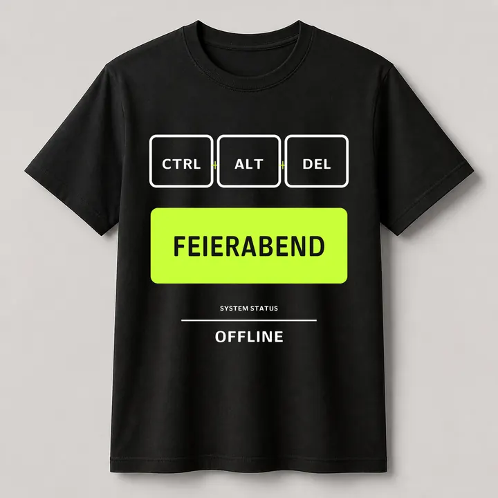 Schwarzes Creator-2.0-T-Shirt mit dem Motiv CTRL. ALT. FEIERABEND.
