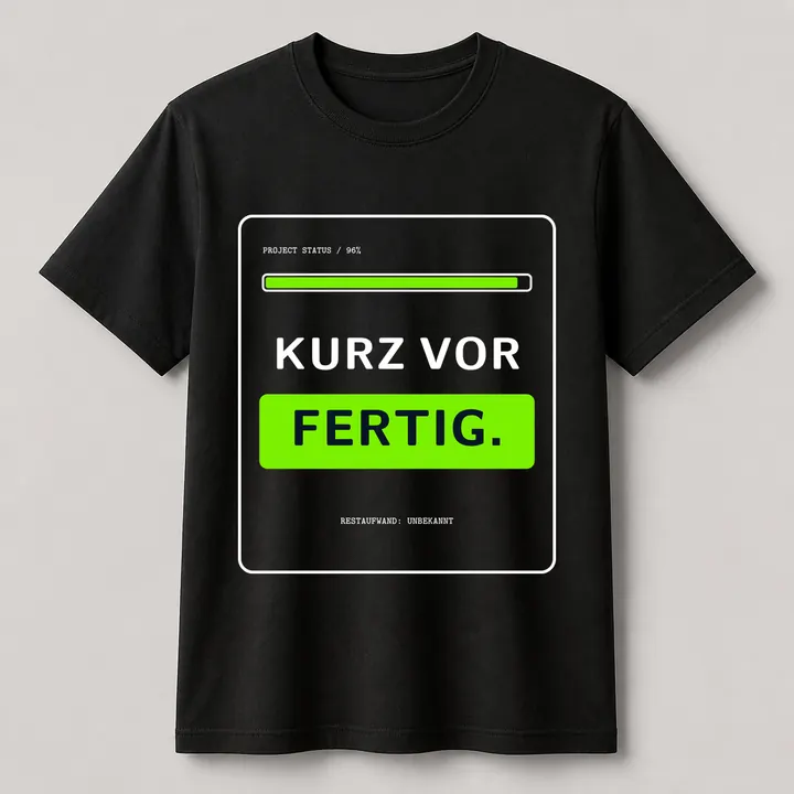 Schwarzes Creator-2.0-T-Shirt mit dem Motiv KURZ VOR FERTIG.