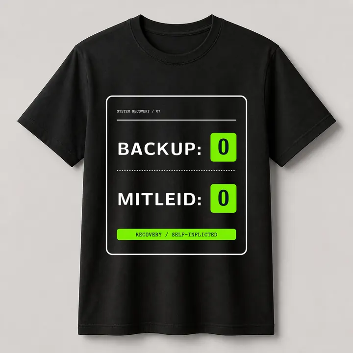 Schwarzes Creator-2.0-T-Shirt mit dem Motiv BACKUP: 0 / MITLEID: 0